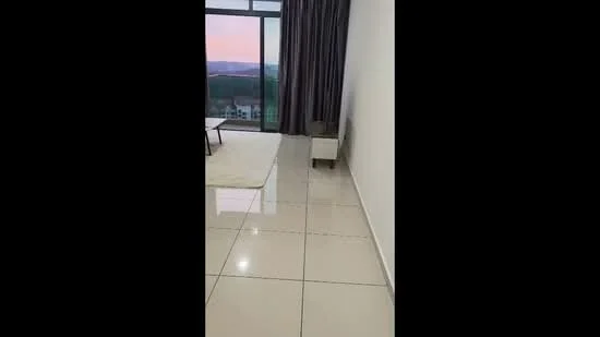 Room features: white painted walls, glossy tile flooring, floor-to-ceiling windows, curtains, view of landscape, neutral color palette, minimalist decor, small side table; style: modern; view: landscape.