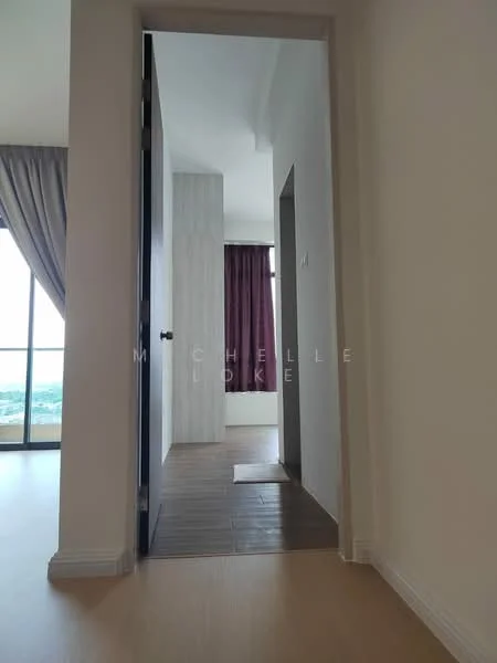 Room features: white painted walls, light wood flooring, dark wood flooring, floor-to-ceiling windows, curtains in purple, door leading to another room, open space, natural light; style: modern; view: city.