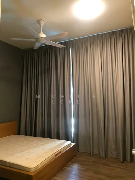 Bedroom features: wooden flooring, grey painted walls, 5-blade ceiling fan, floor-to-ceiling curtains, queen-size bed frame without mattress, natural light from window.