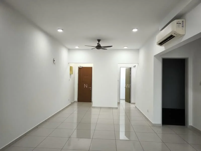 Living features: white painted walls, glossy ceramic tile flooring, 5-blade ceiling fan with light, recessed LED downlights, wall-mounted split AC, door leading to hallway, door leading to another room, neutral color scheme; style: modern.