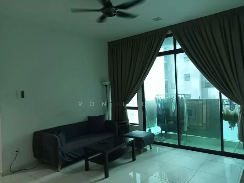 Living features: 3-seater fabric sofa in dark grey, coffee table, floor-to-ceiling windows, sheer curtains, white walls, polished tile flooring, ceiling fan, wall-mounted lamp, balcony view; style: modern; view: city.