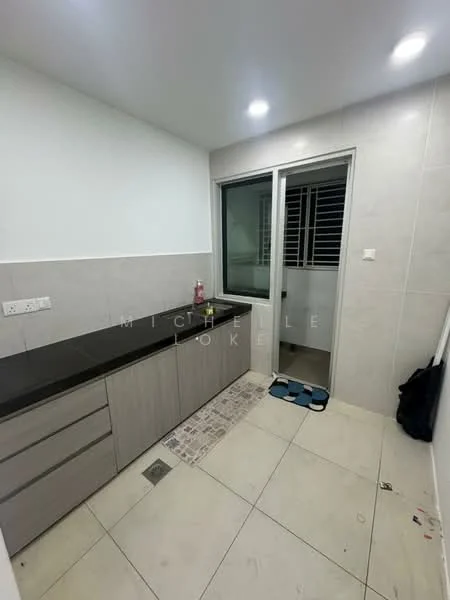 Laundry features: grey cabinetry, black countertop, white tiled walls, light grey tiled flooring, window with metal grille, sliding glass door, floor drain, small area rug, cleaning supplies on countertop; style: modern.