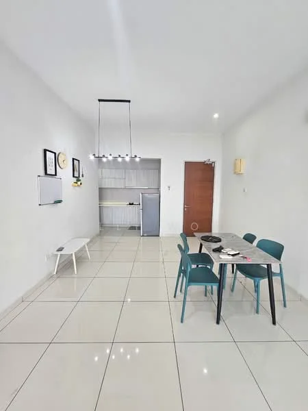 Dining features: white painted walls, glossy ceramic tile flooring, 5-blade ceiling fan with light, dining table with 4 chairs, refrigerator, open shelving, wall-mounted clock, decorative wall art, pendant lighting; style: modern.