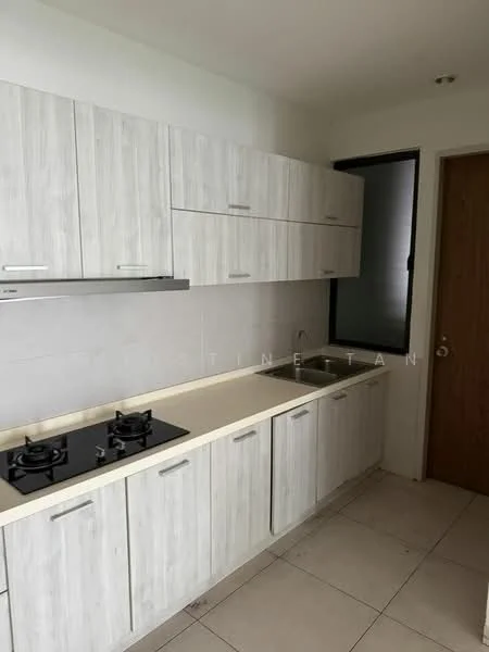 Kitchen features: light wood cabinetry, white laminate countertop, 2-burner gas hob, stainless-steel range hood, white tiled backsplash, ceramic tile flooring, single-bowl stainless-steel sink, window with black frame; style: modern.