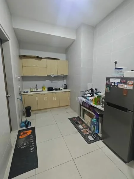 Kitchen features: light wood cabinetry, stainless-steel sink, chrome pull-down faucet, black countertop, built-in stove, microwave, refrigerator, tile backsplash, ceramic tile flooring, wall-mounted shelves, kitchen mat, window with natural light; style: modern.