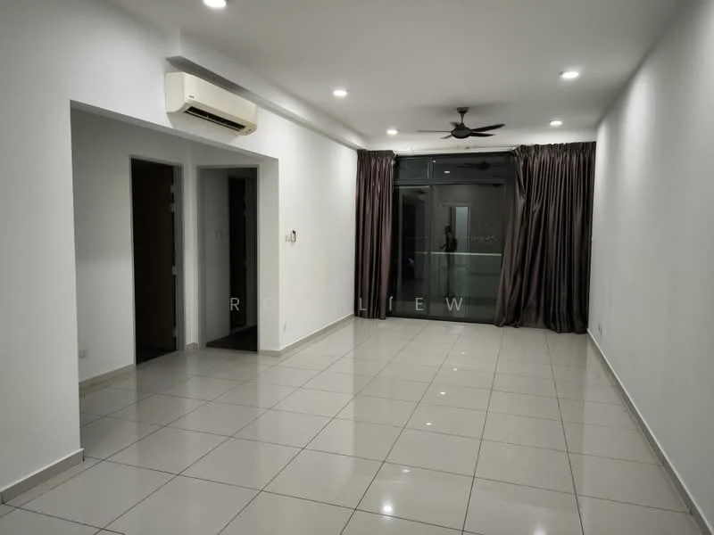 Living features: white painted walls, glossy ceramic tile flooring, 5-blade ceiling fan with light, wall-mounted split AC, floor-to-ceiling glass sliding door, dark brown curtains, recessed downlights, open layout; style: modern; view: city. Room features: white painted walls, glossy ceramic tile flooring, doorway leading to hallway.
