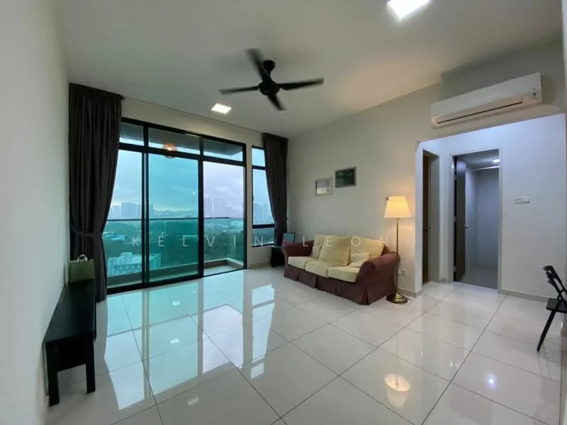 Living features: floor-to-ceiling windows, white walls, cream sofa, 3-seater fabric sofa, black coffee table, lampshade floor lamp, white ceiling with recessed downlights, 5-blade ceiling fan, air conditioning unit, glossy tile flooring; style: modern; view: city.