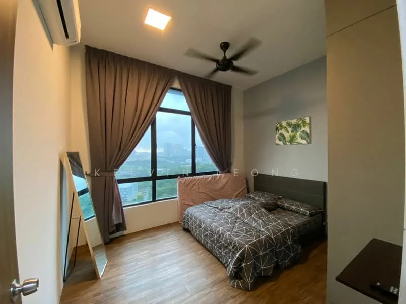 Bedroom features: queen-size bed with patterned bedding, floor-to-ceiling window, city view, 5-blade ceiling fan, wooden flooring, grey curtains, decorative wall art, full-length mirror, built-in wardrobe; style: modern; view: city.