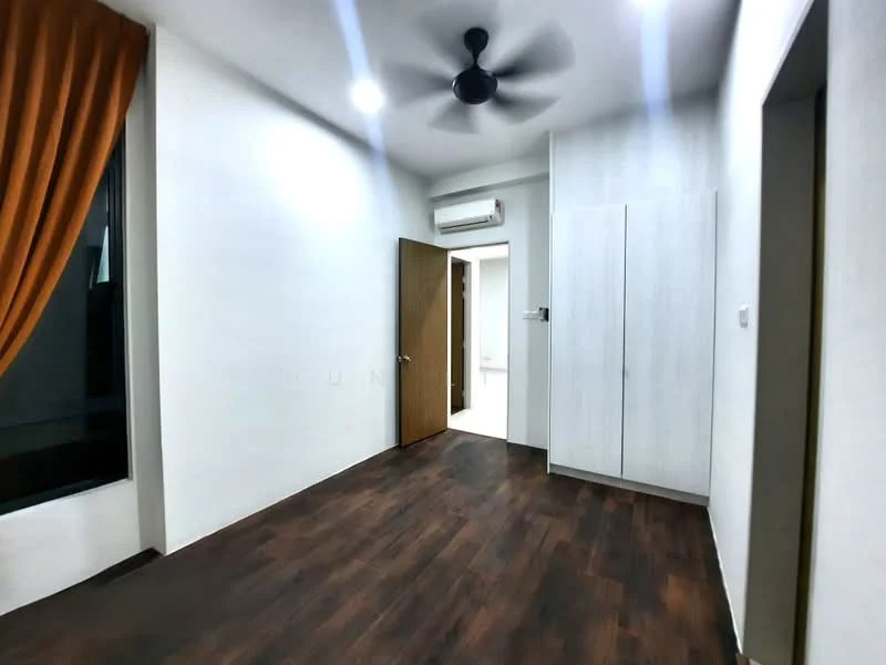 Room features: white painted walls, wooden flooring, 5-blade ceiling fan, recessed downlights, floor-to-ceiling window, orange curtain, built-in wardrobe, door leading to another room, air conditioning unit; style: modern.