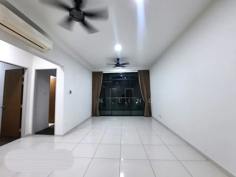 Living features: white painted walls, glossy white tile flooring, 2 ceiling fans, floor-to-ceiling windows, sheer curtains, recessed downlights, sliding glass door, neutral decor; style: modern.