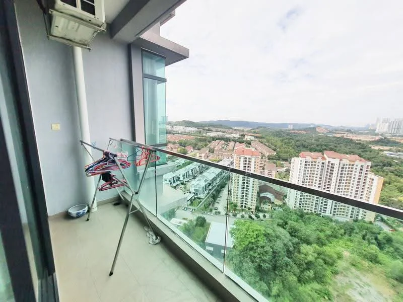 Room features: glass balcony railing, floor-to-ceiling windows, city view, mountain view, tiled flooring, clothes drying rack, outdoor space, partial skyline view; style: modern; view: city.
