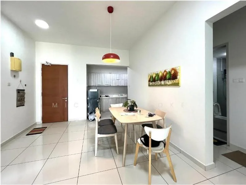 Dining features: white painted walls, tile flooring, dining table with four chairs, pendant light fixture, refrigerator, kitchen cabinetry, stainless-steel sink, built-in oven, wall-mounted air conditioning unit; style: modern. Kitchen features: white cabinetry, stainless-steel appliances, tile backsplash, countertop space; style: modern. Room features: doorway leading to another room, light-colored walls.