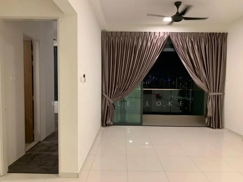Living features: white painted walls, glossy ceramic tile flooring, 5-blade ceiling fan, floor-to-ceiling windows, sheer curtains, balcony access, recessed lighting, neutral color scheme; style: modern; view: city. Room features: white painted walls, grey carpet flooring, doorway leading to another room.