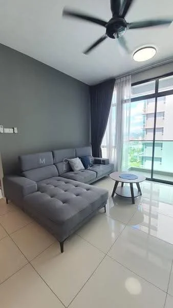 Living features: grey fabric sectional sofa, round coffee table, floor-to-ceiling windows, sheer curtains, recessed ceiling light, ceiling fan, white tiled flooring, grey accent wall; style: modern; view: city.