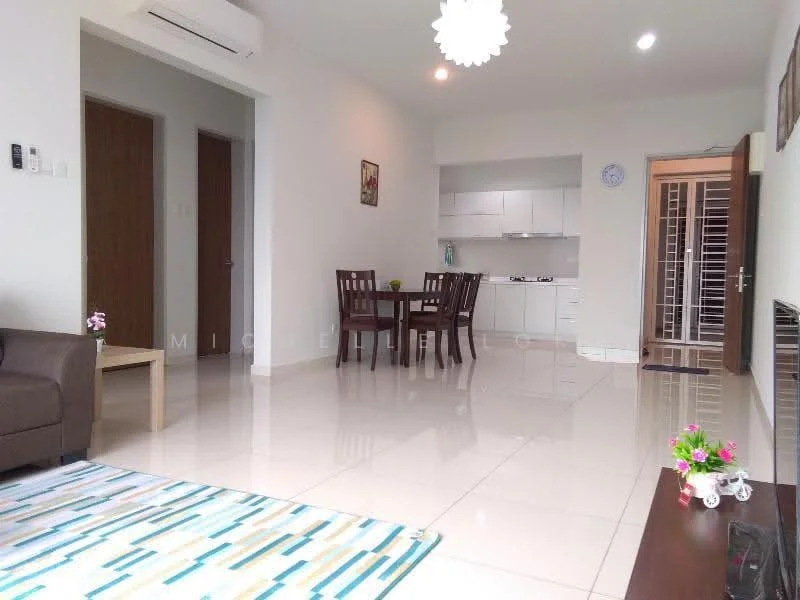 Living features: white painted walls, glossy tile flooring, 5-blade ceiling fan with light, wall-mounted air conditioning unit, sofa in dark brown, coffee table in light wood, area rug with geometric pattern, decorative wall art, TV console, wall-mounted TV; style: modern. Dining features: 4-seater dining table in dark wood, dining chairs in dark wood, open kitchen layout, kitchen cabinetry in white, kitchen countertop in white, kitchen appliances visible; style: modern.