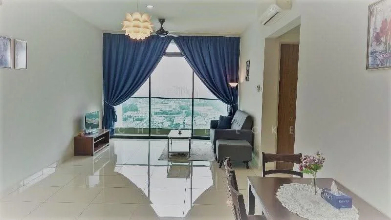 Living features: floor-to-ceiling windows, grey fabric sofa, 3-blade ceiling fan, pendant light, white painted walls, glossy tile flooring, curtains in dark blue, TV console, wall-mounted TV, decorative wall art, coffee table, area rug; style: modern; view: city. Dining features: 4-seater dining table, wooden dining chairs, flower vase, table setting; style: modern; view: city.