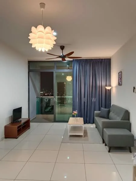 Living features: grey fabric sofa, white coffee table, wood TV console, wall-mounted TV, 5-blade ceiling fan with light, recessed downlights, floor-to-ceiling windows, blue curtains, white tiled flooring, decorative wall sconce, city view; style: modern; view: city.