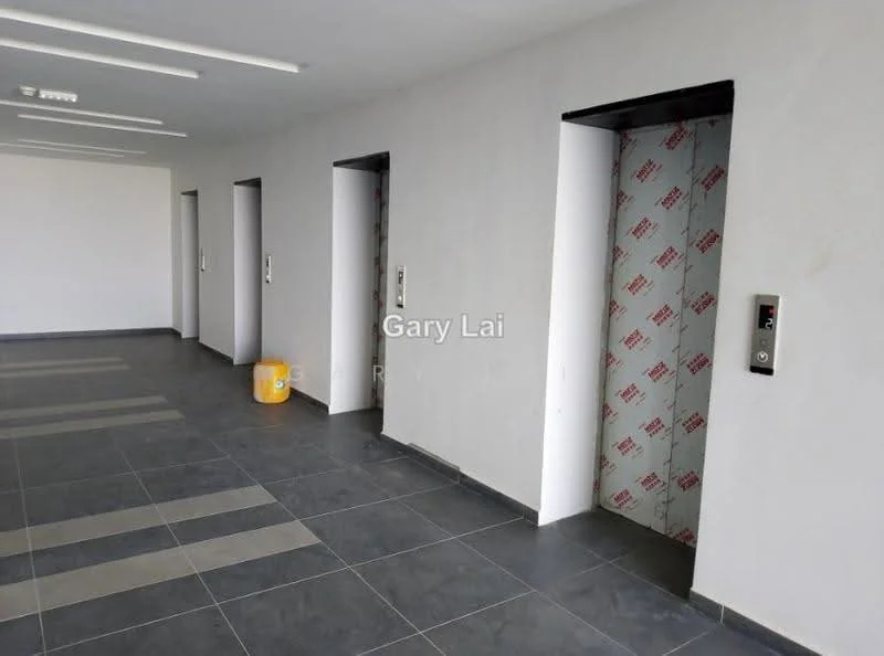 Room features: grey tiled flooring, white painted walls, elevator doors, elevator call buttons, ceiling lights, yellow caution bucket, striped floor design; style: modern.