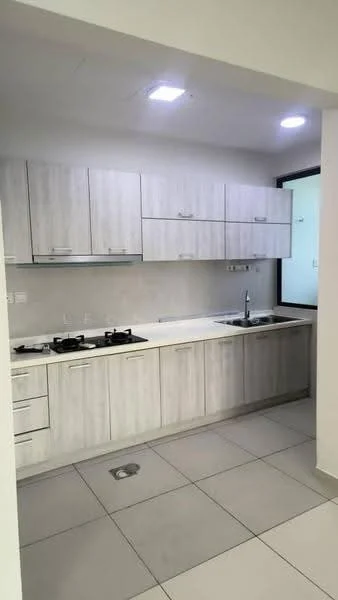 Kitchen features: light wood cabinetry, white countertop, stainless-steel sink, chrome pull-down faucet, built-in gas hob, 2-burner gas stove, grey tiled flooring, recessed LED downlights, window for natural light; style: modern.
