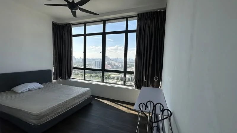 Bedroom features: king-size bed, upholstered headboard, floor-to-ceiling windows, city view, dark brown wooden flooring, grey curtains, ceiling fan, side table; style: modern; view: city.