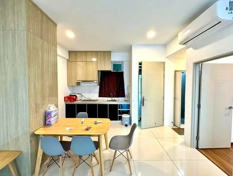Kitchen features: white cabinets, black countertop, stainless-steel sink, chrome pull-down faucet, built-in oven, freestanding range oven, refrigerator, tile flooring, recessed downlights, wall-mounted split AC; style: modern. Dining features: wood dining table, 4 grey plastic dining chairs; style: modern.