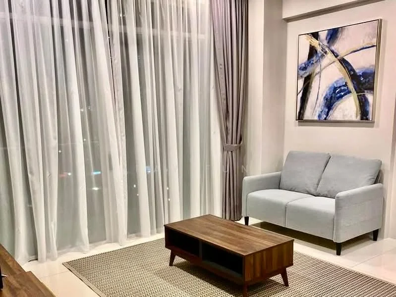 Living features: light grey fabric 2-seater sofa, wood coffee table with storage, area rug with geometric pattern, floor-to-ceiling windows, sheer curtains, framed abstract artwork, white painted walls, glossy tile flooring; style: modern; view: city.