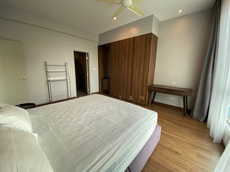 Bedroom features: queen-size bed, wooden flooring, light grey walls, built-in wardrobe with wood finish, study desk, ceiling fan, floor-to-ceiling window, curtains, nightstand; style: modern.