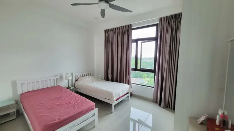 Bedroom features: two single beds with white frames, pink bedspread on one bed, white bedspread on the other bed, floor-to-ceiling window, curtains in light brown, white walls, glossy tile flooring, ceiling fan; style: modern; view: garden.
