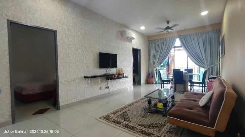 Living features: cream painted walls, textured accent wall, white tiled flooring, 5-blade ceiling fan with light, wall-mounted TV, black TV console, glass coffee table, brown fabric sofa, area rug with geometric pattern, dining table with chairs, floor-to-ceiling windows with sheer curtains, balcony view; style: modern; view: city.