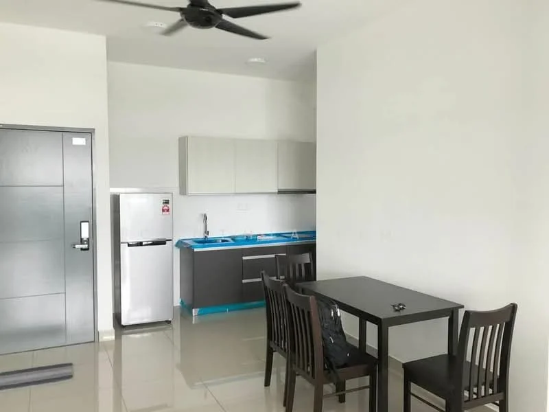 Kitchen features: white painted walls, grey cabinetry, blue countertop, stainless-steel fridge, built-in sink, single-bowl stainless-steel sink, chrome pull-down faucet, ceramic tile flooring, ceiling fan, dining table with four chairs, wall-mounted cabinets, open shelving; style: modern.