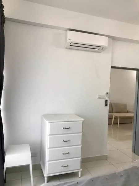 Room features: white painted walls, white tile flooring, 4-drawer white dresser, small white side table, wall-mounted split AC, grey curtains, doorway leading to another room, visible furniture in adjacent room; style: modern.