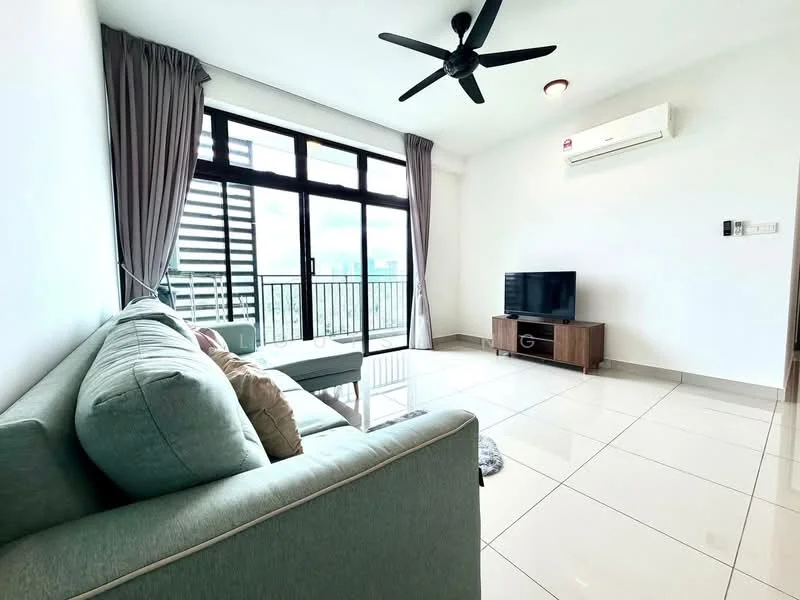 Living features: 3-seater fabric sofa in light green, coffee table, wall-mounted TV, TV console in wood, floor-to-ceiling windows, sliding glass door, curtains, white painted walls, polished ceramic tile flooring, ceiling fan with light, wall-mounted split AC; style: modern; view: city.