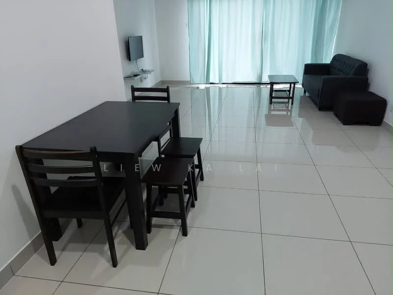 Living features: white painted walls, glossy ceramic tile flooring, floor-to-ceiling windows with sheer curtains, black fabric sofa, black coffee table, 4-seater dining table with black chairs, TV mounted on wall, open layout; style: modern.