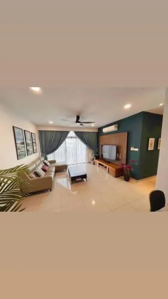 Living features: 3-seater fabric sofa in light green, 2-seater fabric sofa in beige, coffee table, TV console, wall-mounted TV, floor-to-ceiling windows, curtains in grey, ceiling fan with light, decorative wall with dark green paint, framed artwork on walls, area rug, indoor plant; style: modern; view: city.