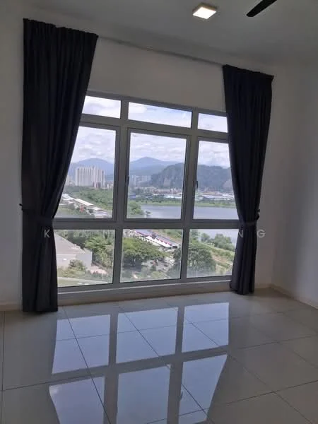 Room features: floor-to-ceiling windows, grey curtains, white painted walls, glossy tile flooring, recessed downlights, mountain view, city skyline view; style: modern; view: city.