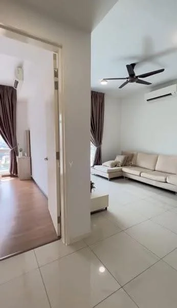 Living features: 3-seater fabric sofa in beige, coffee table, floor-to-ceiling windows, curtains in brown, 5-blade ceiling fan with light, wall-mounted split AC, light-colored walls, tile flooring; style: modern; view: city. Room features: white painted walls, door leading to another room, laminate flooring.