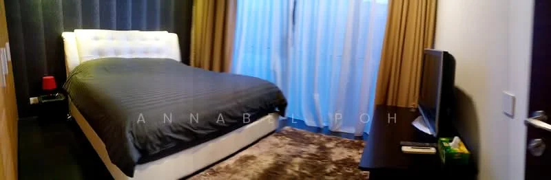 Bedroom features: king-size bed with upholstered headboard, grey bedding, floor-to-ceiling windows, sheer curtains, brown curtains, wooden bedside table, red bedside lamp, wall-mounted TV, carpet flooring, decorative wall with dark paneling; style: modern.