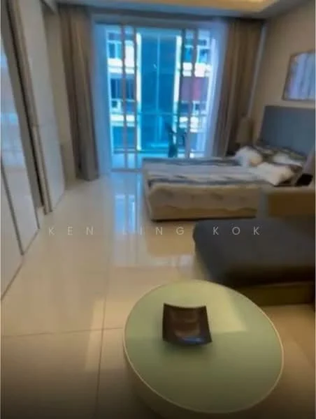 Bedroom features: king-size bed with upholstered headboard, floor-to-ceiling windows, sheer curtains, light-colored walls, polished tile flooring, decorative wall art, built-in wardrobe, area rug, sofa, coffee table; style: modern.