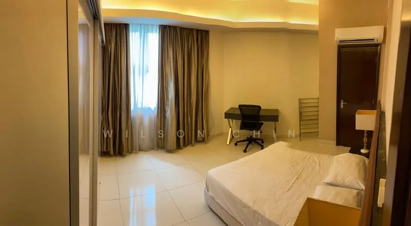 Bedroom features: queen-size bed with white bedding, floor-to-ceiling window with sheer curtains, cream painted walls, recessed ceiling lights, white tiled flooring, study desk with chair, built-in wardrobe, air conditioning unit on wall, table lamp on bedside table; style: modern.