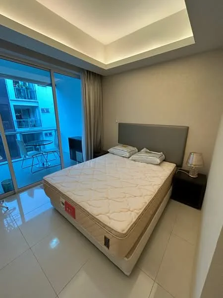 Bedroom features: queen-size bed, upholstered headboard, two pillows, nightstand, table lamp, floor-to-ceiling windows, sliding glass door, curtains, white painted walls, recessed lighting, glossy tile flooring; style: modern; view: balcony.