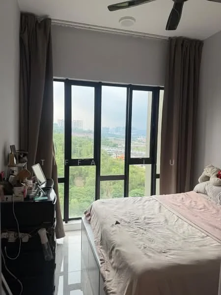 Bedroom features: king-size bed with beige bedding, floor-to-ceiling windows, blackout curtains, 5-blade ceiling fan, white painted walls, glossy tile flooring, nightstand with lamp, dressing table with mirror, decorative pillows; style: modern; view: city.