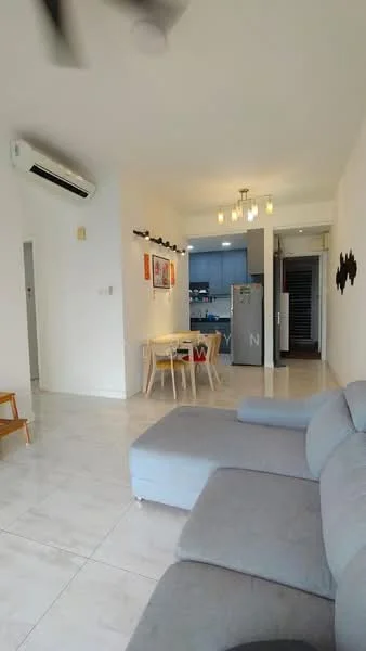 Living features: 3-seater fabric sofa in light grey, marble tile flooring, 5-blade ceiling fan, wall-mounted split AC, dining table for 4, pendant lighting, open layout to kitchen, decorative wall art, neutral painted walls; style: modern. Kitchen features: blue cabinetry, stainless-steel fridge, built-in oven, ceramic tile backsplash, countertop with space for appliances; style: modern.