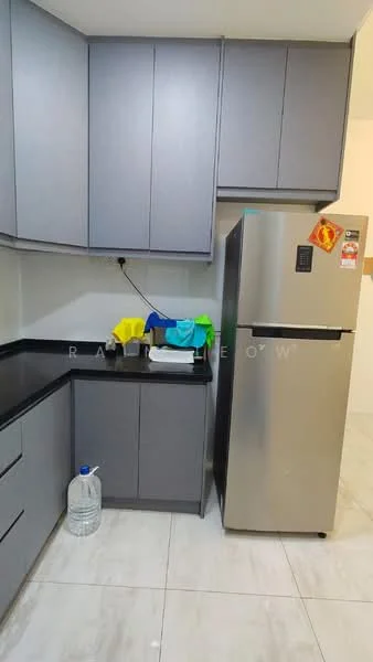 Kitchen features: grey cabinetry, black countertop, stainless-steel fridge, single-bowl stainless-steel sink, chrome pull-down faucet, white dish towel, colorful cleaning cloths, water bottle, ceramic tile flooring, wall-mounted electrical outlet; style: modern.