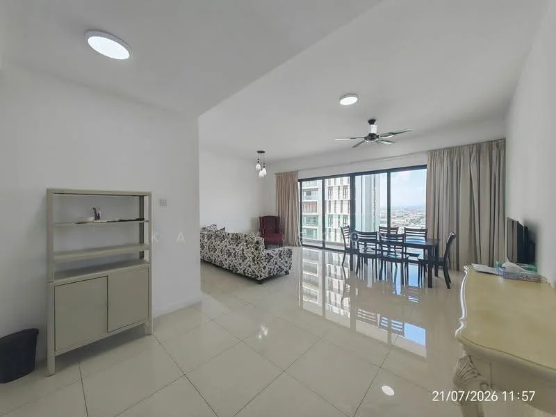 Living features: white painted walls, glossy tile flooring, 5-blade ceiling fan with light, sofa with floral pattern, coffee table, floor-to-ceiling windows, curtains, TV console, wall-mounted TV, decorative wall art; style: modern; view: city.