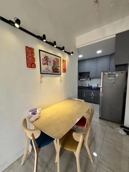 Dining features: wooden dining table, 4 dining chairs in different colors, white painted walls, recessed lighting, framed artwork on wall, ceramic floor tiles, stainless-steel fridge, open kitchen view; style: modern.