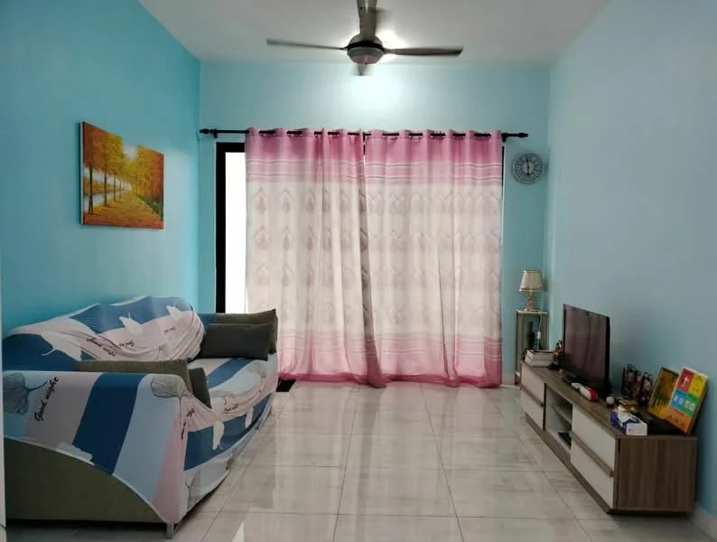 Living features: light blue painted walls, white tiled flooring, 5-blade ceiling fan with light, sofa with patterned upholstery, TV console with storage, wall-mounted TV, decorative wall clock, framed artwork, curtains with pink and white pattern, lamp on side table; style: modern.