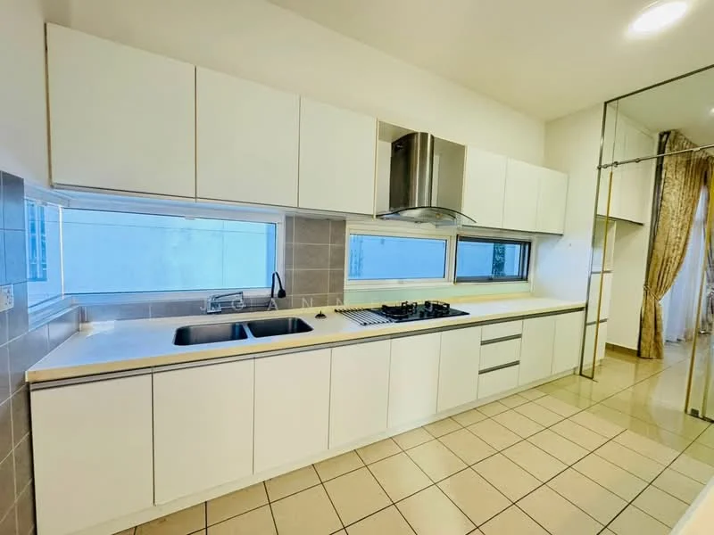 Kitchen features: white flat-panel cabinets, light grey countertop, double-bowl stainless-steel sink, chrome pull-down faucet, 4-burner gas hob, built-in oven, exhaust hood, tile backsplash, ceramic tile flooring, floor-to-ceiling windows, recessed downlights, curtains, open shelving; style: modern.