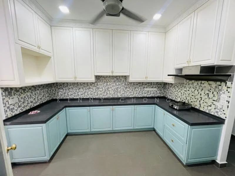 Kitchen features: white shaker cabinets, light blue lower cabinets, black countertop, mosaic tile backsplash, stainless-steel range hood, built-in stove, recessed downlights, ceiling fan, grey tile flooring; style: modern.