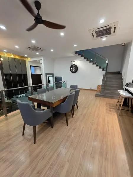 Dining features: wooden dining table, 4 upholstered dining chairs in grey, pendant light, 5-blade ceiling fan, laminate flooring, glass railing, wall-mounted clock, staircase in background, air conditioning unit; style: modern.