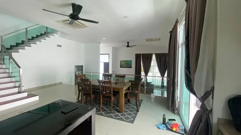 Living features: 5-blade ceiling fan, dining table for 6 with wooden chairs, area rug with geometric pattern, floor-to-ceiling windows, curtains, light-colored walls, tile flooring, recessed downlights; style: modern. Room features: staircase with wooden steps, glass railing, wall-mounted air conditioning unit.